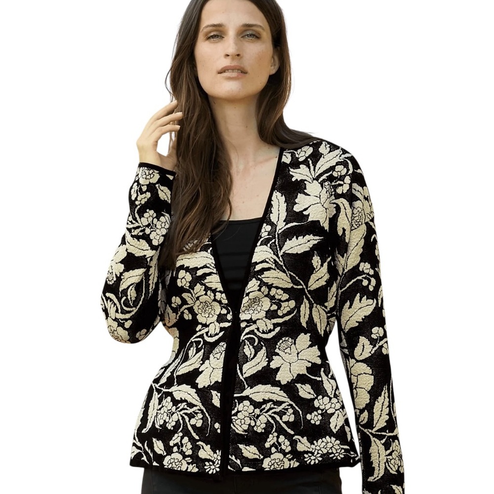 Peruvian Connection Fumiko Knit Jacket Cardigan Sweater Neutral Career Floral S